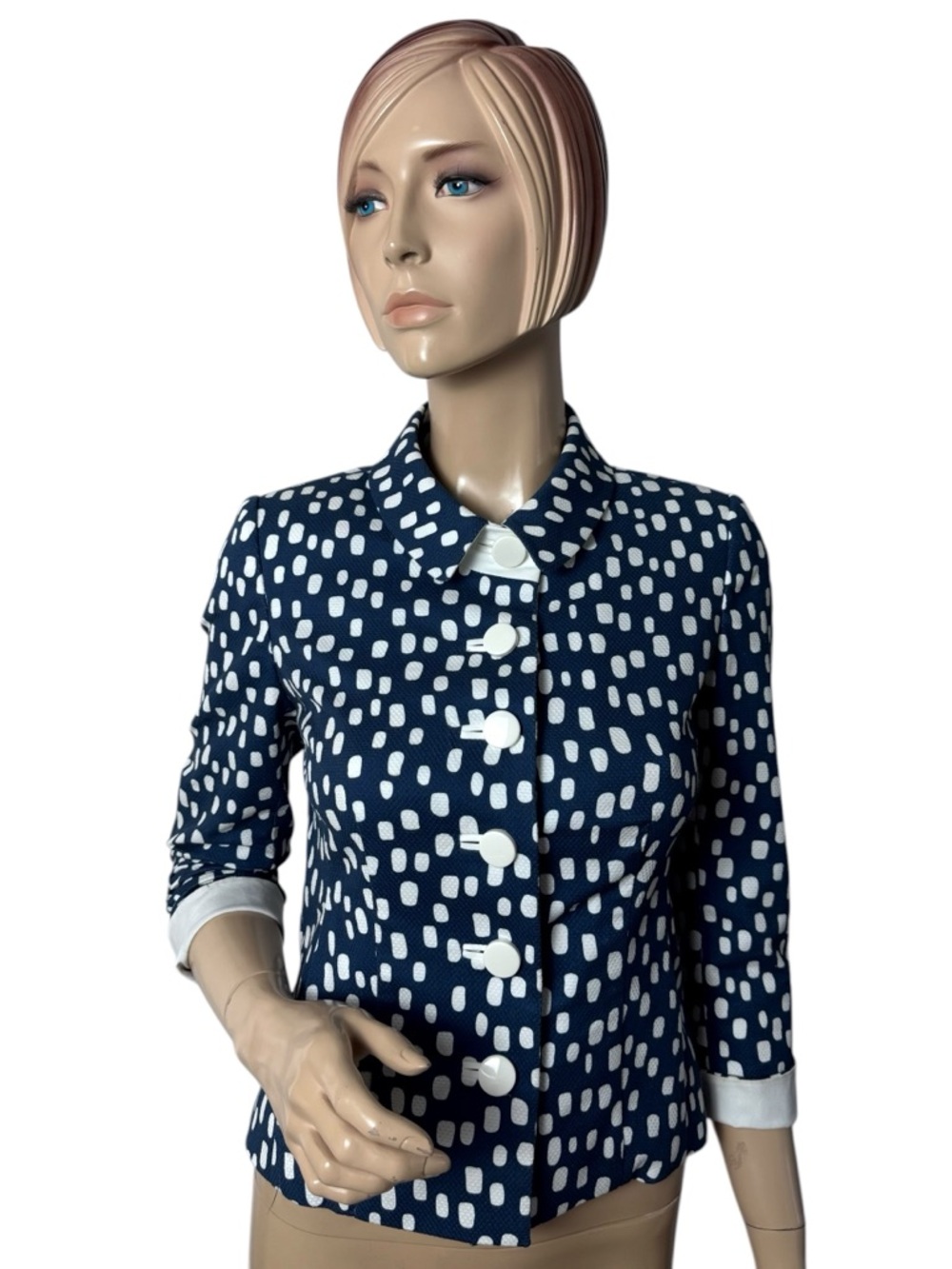 Algo Blue White Polka Dot Jacket Top Retro Button Front Size 34